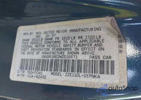 1998 Toyota Corolla Le from USA, damaged, VIN 1NXBR18E2WZ016671